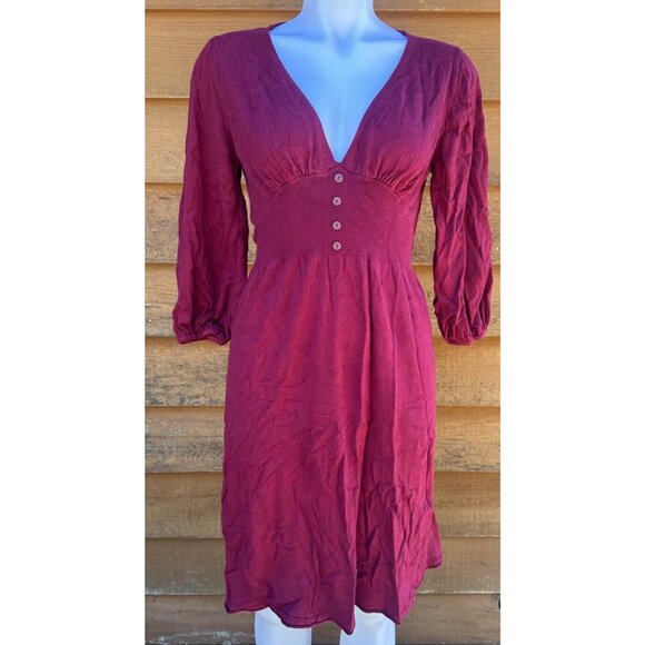 Liz Lange Maternity Burgundy Dress With Stretchy Knit Fabric & 3/4 Puff Sleeves - Picture 1 of 9